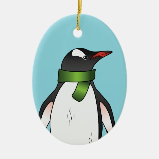 青に緑のスカーフを着た可愛いGentooペンギン セラミックオーナメント (正面)