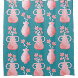 青に美しいピンクの花の模様 シャワーカーテン