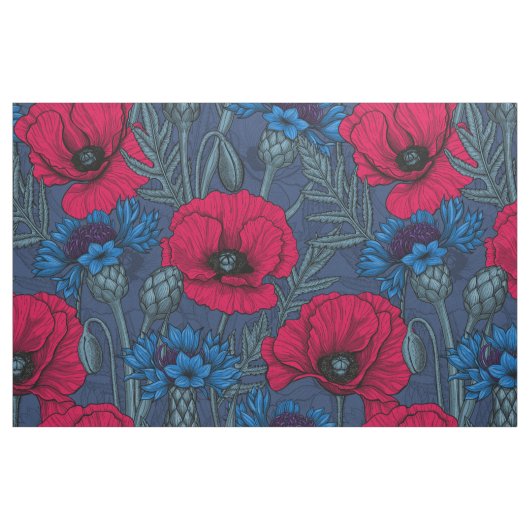 青に赤いケシと青いトウモロコシの花 ファブリック (ファットクウォーター)