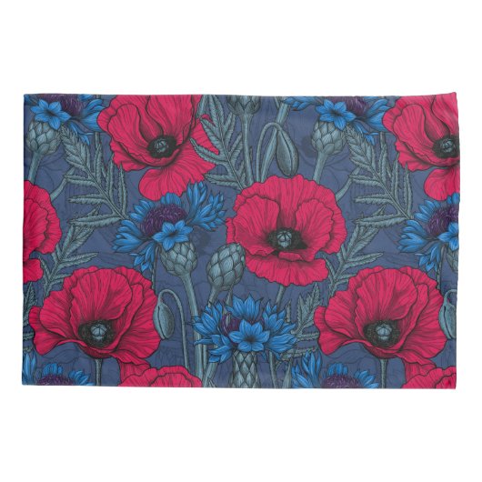 青に赤いケシと青いトウモロコシの花 枕カバー (裏面)