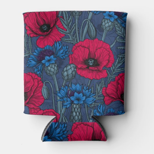 青に赤いケシと青いトウモロコシの花 缶クーラー (正面)