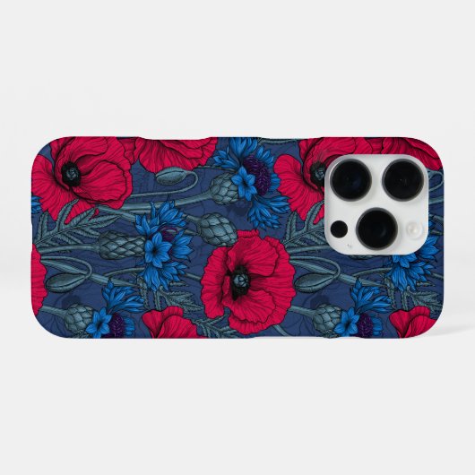 青に赤いケシと青いトウモロコシの花 iPhoneケース (裏面横)