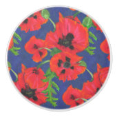 青に赤と黒の東洋のケシの模様 セラミックノブ (正面)