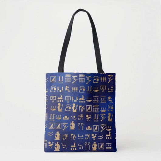 青に金色の古代エジプトの象形文字 トートバッグ (正面)