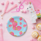 青のお洒落ないちごパターン ペーパープレート (パーティー)