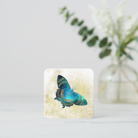 *~*青のアクア金ゴールドグリッター金色金ゴールド蝶 スクエア名刺 (スタンド正面)