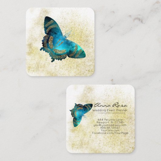 *~*青のアクア金ゴールドグリッター金色金ゴールド蝶 スクエア名刺 (正面/裏面)