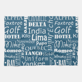 青のアルファベットのパター航海のン（白） キッチンタオル