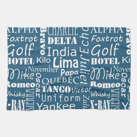 青のアルファベットのパター航海のン(白) キッチンタオル (横)