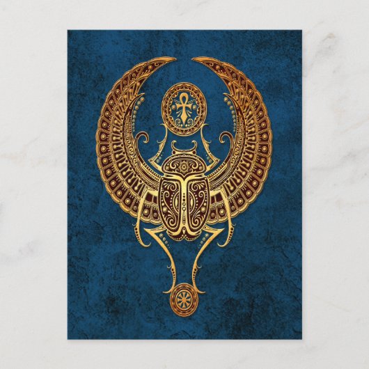 青のアンクと翼のあるエジプトのスカラブカブトムシ ポストカード (正面)