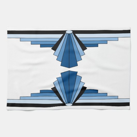 青のアールデコパターン キッチンタオル (横)