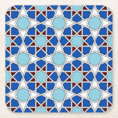 青のイスラム教の幾何学的なモロッコパターン スクエアペーパーコースター (正面)