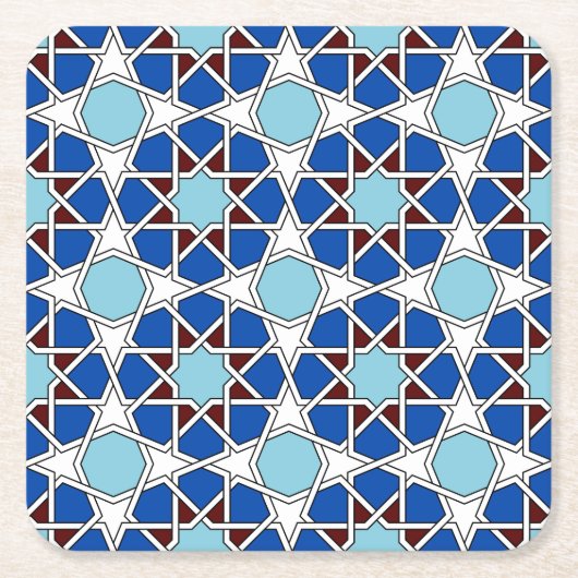 青のイスラム教の幾何学的なモロッコパターン スクエアペーパーコースター (正面)