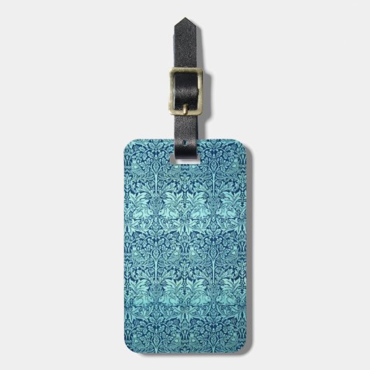 青のウィリアム・モリスの兄弟のウサギパターン ラゲッジタグ (正面縦)