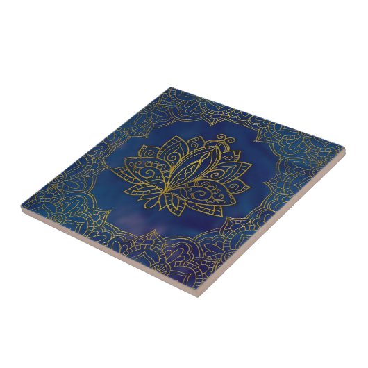 青のエレガントな金ゴールドのはすの花 タイル (側面)