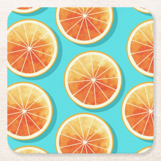 青のオレンジ色のスライス スクエアペーパーコースター (正面)