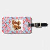 青のカスタムな写真の明るいピンクのフラミンゴ ラゲッジタグ (正面横)