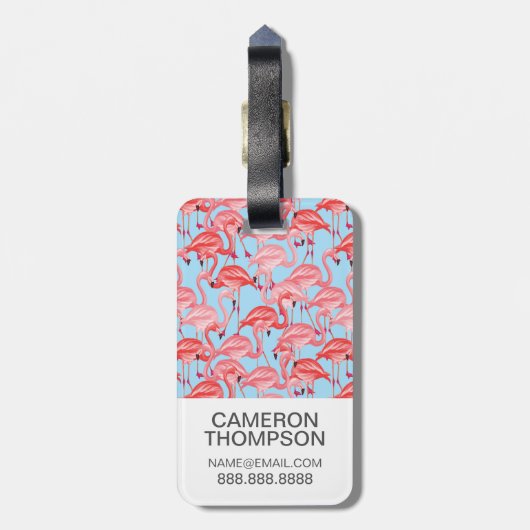 青のカスタムな写真の明るいピンクのフラミンゴ ラゲッジタグ (裏面縦)