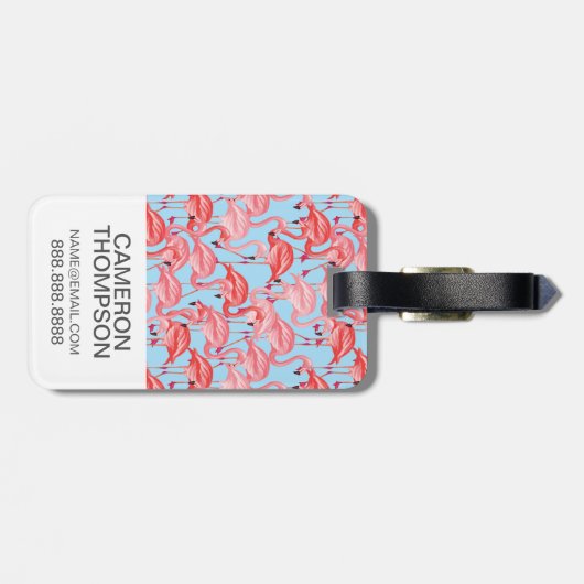 青のカスタムな写真の明るいピンクのフラミンゴ ラゲッジタグ (裏面横)