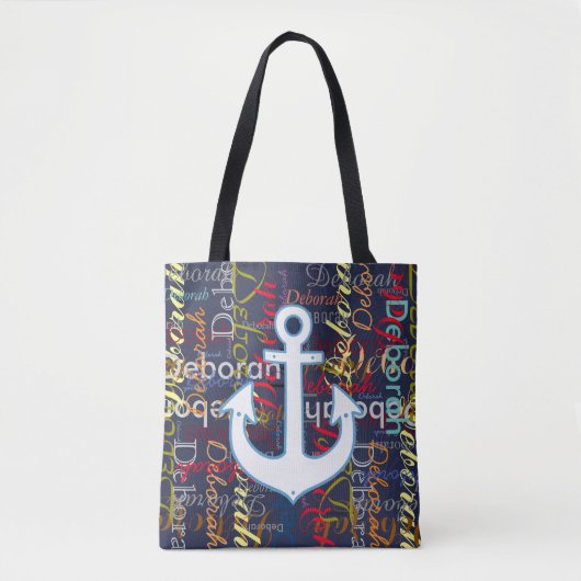 青のカラフル名のパターンを持ついかり トートバッグ (正面)