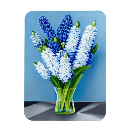 青のガラスの花瓶の白いヒヤシンス マグネット (縦)