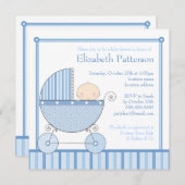 青のキャリッジベビーシャワーの甘い男の赤ちゃん 招待状 (正面/裏面)