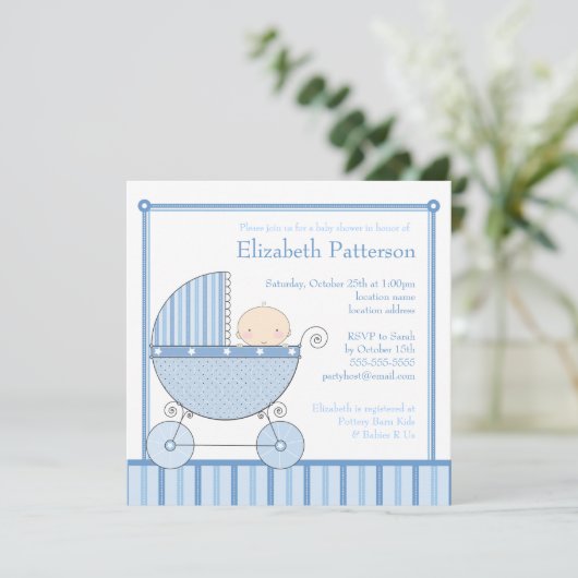青のキャリッジベビーシャワーの甘い男の赤ちゃん 招待状 (スタンド正面)