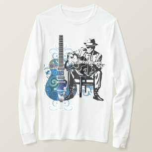 青のギターの人音楽Tシャツの長い袖 Tシャツ