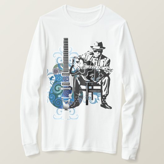 青のギターの人音楽Tシャツの長い袖 Tシャツ (デザイン正面)