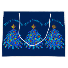 青のクリスマスツリーのカラフルな休日のおもしろい ラージペーパーバッグ