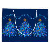 青のクリスマスツリーのカラフルな休日のおもしろい ラージペーパーバッグ (裏面)