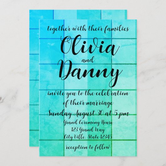 青のグ市松模様にリッドパターンビーチ結婚式 招待状 (正面/裏面)