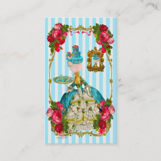 青のケーキおよびピンクのバラの茶名刺 名刺 (正面)