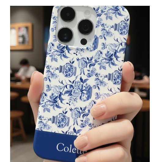 青のシノワズリ モノグラム 名入れ iPhoneケース
