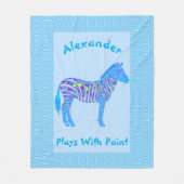 青のシマウマの点は居心地のよいペンキが付いている演劇を縞で飾ります フリースブランケット (正面)