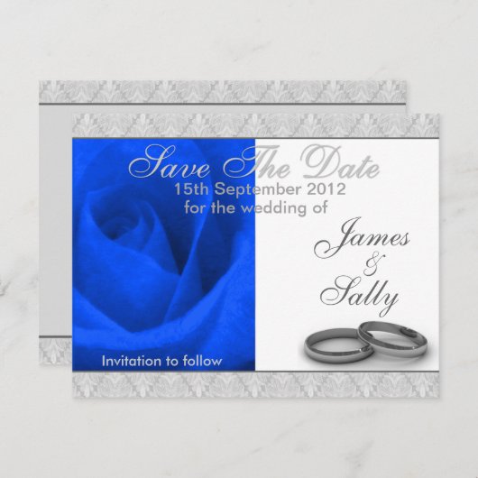 青のバラ及び結婚指輪は日付カードを救います セーブザデート (正面/裏面)