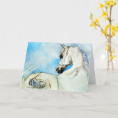 青のブランクの挨拶状のアラビアの馬のポートレート カード (黄色い花)