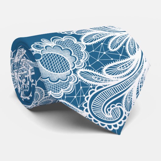 青のホワイトレース ネクタイ (ロール)