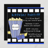 青のポップコーンおよびフィルムのストリップとの映画夜 招待状 (正面/裏面)