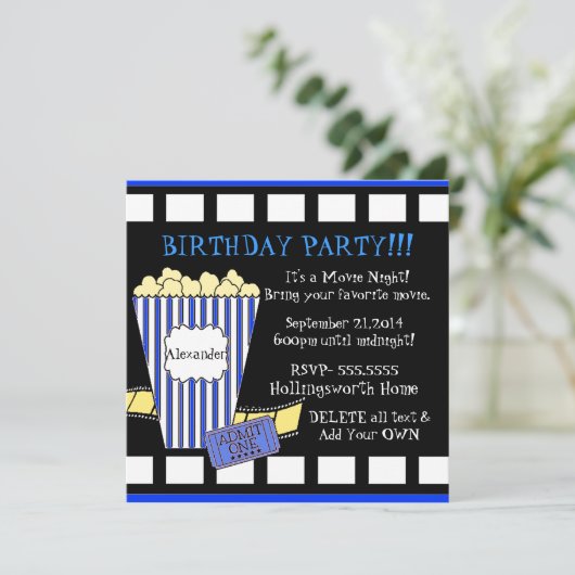 青のポップコーンおよびフィルムのストリップとの映画夜 招待状 (スタンド正面)