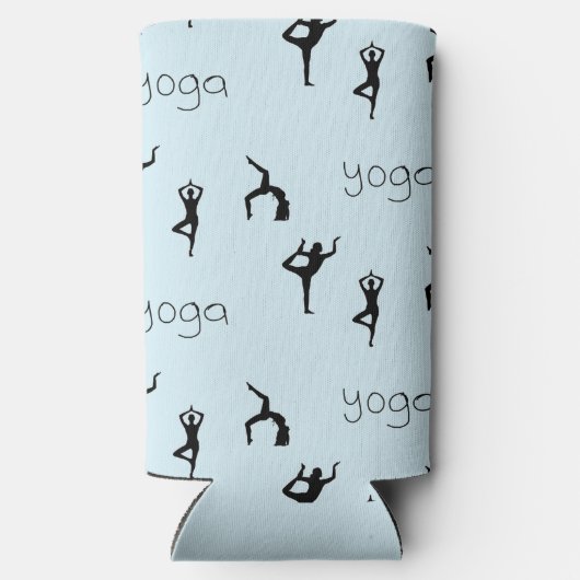 青のヨガポーズと文字パターン スリム缶クーラー (裏面)