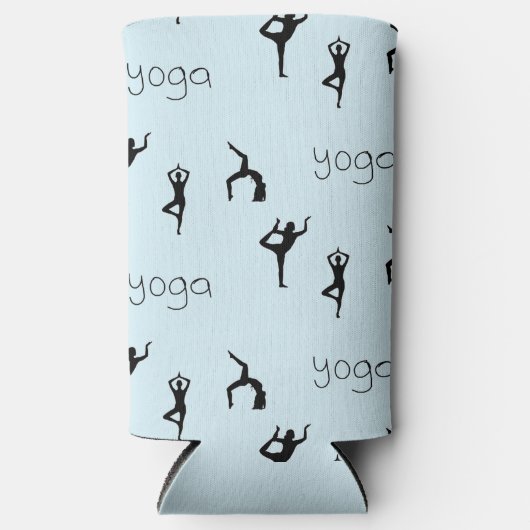 青のヨガポーズと文字パターン スリム缶クーラー (正面)
