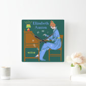 青のライティングデスクのAuthorアールデコの女性 スクエア壁時計 (ホーム)