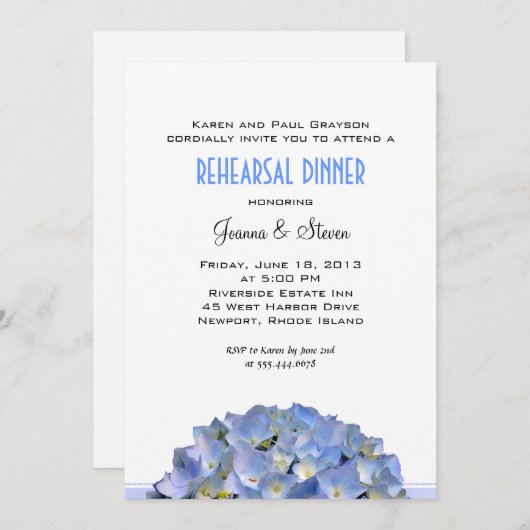 青のリハーサル結婚ディナーと白 招待状 (正面/裏面)