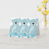 青の三重項のお祝いのテディー・ベア カード (黄色い花)