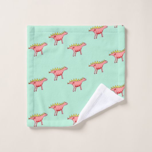 青の上にピンクの恐竜の淡い色の模様 バスタオルセット (ウォッシュタオル)