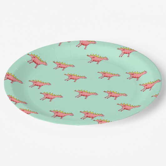 青の上にピンクの恐竜の淡い色の模様 ペーパープレート (アングル)
