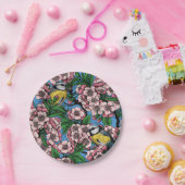 青の上に咲くさくらんぼの木の中の青いティットの鳥 ペーパープレート (パーティー)