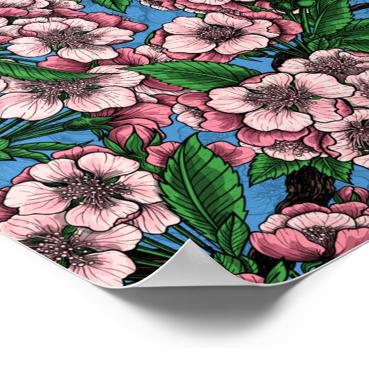 青の上に咲くさくらんぼの木の中の青いティットの鳥 ポスター (角)