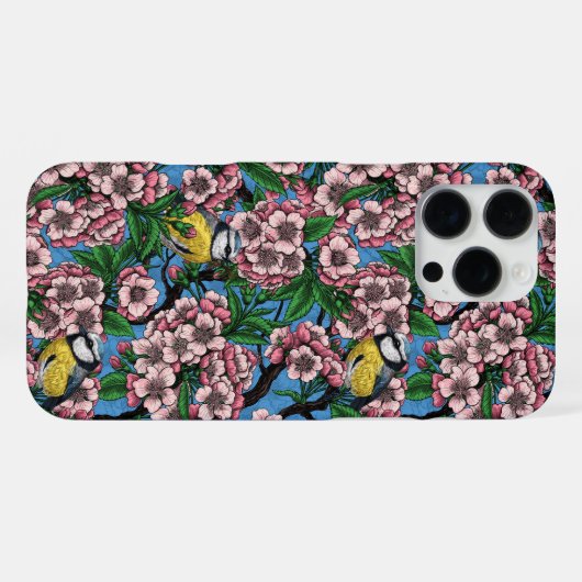 青の上に咲くさくらんぼの木の中の青いティットの鳥 iPhoneケース (裏面横)